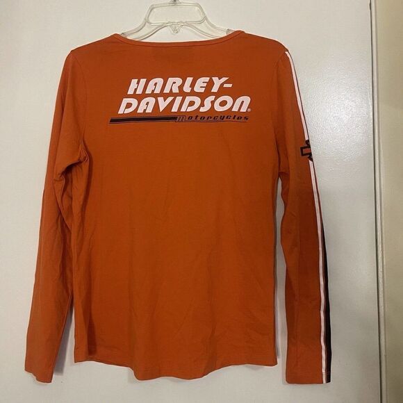 HARLEY DAVIDSON orange graphic logo print henly long sleeve tshirt size Medium - Picture 3 of 4